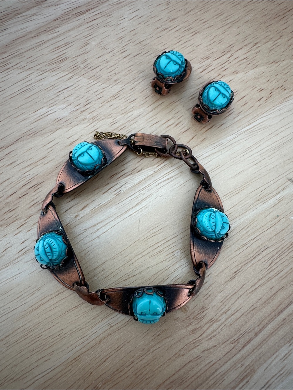 Vintage 1940’s - 1950’s Turquoise Scarab Brass Bracelet and Clip-On Earring Set